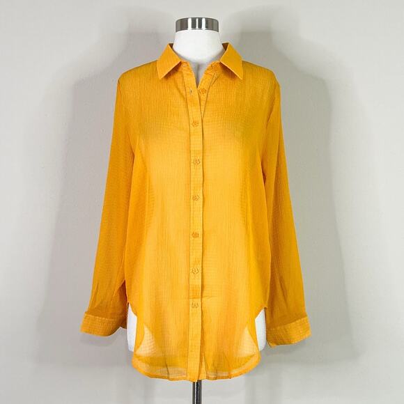 NEW Lisa Says Gah | Shirred Mustard Yellow Solid Sheer Flower Button Button Top - Picture 2 of 10